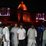 India's Congress party leader Rahul Gandhi (C) along with leaders of the opposition alliance INDIA bloc (Indian National Developmental Inclusive Alliance) gather outside the Presidential Palace as they demand the resignation of India's Chief Election Commissioner over alleged special intensive revision (SIR) voter-roll irregularities in New Delhi on October 9