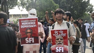 Protestors shout slogans against Chief Election Commissioner Gyanesh Kumar during a protest organised by Cockroach Janata Party (CJP), near Jantar Mantar in New Delhi, India, on Saturday, Oct. 10, 2026. Indian authorities detained the founder and top leaders of the Cockroach Janta Party as they arrived in New Delhi on Saturday, moving to block a youth-led demonstration against a contentious revision of the country�s voter rolls. Photographer: Prakash Singh/Bloomberg