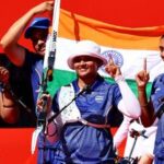 India's Kumkum Mohod, Ankita Bhakat and Kirti Sharma celebrate after winning the gold medal at Asian Games 2026.