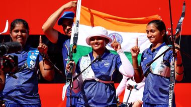 India's Kumkum Mohod, Ankita Bhakat and Kirti Sharma celebrate after winning the gold medal at Asian Games 2026.