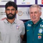 India head coach Khalid Jamil (L) with his Brazilian counterpart Carlo Ancelotti during a press conference ahead of the India and Brazil International Friendly.