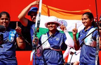 India's Kumkum Anil Mohod, Ankita Bhakat and Kirti celebrate after winning the gold medal in women's recurve team at Asian Games 2026.