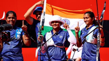 India's Kumkum Anil Mohod, Ankita Bhakat and Kirti celebrate after winning the gold medal in women's recurve team at Asian Games 2026.