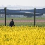 A person standing in a field of oilseed rape, views a U.S. Air Force B‑1B Lancer military aircraft parked at RAF Fairford airbase, after a two-week ceasefire in the Iran war was announced, in Fairford, Gloucestershire, Britain, April 8, 2026. REUTERS/Toby Melville