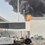 Smoke and flames rise from King Khalid Airport, after Yemen’s Iran-backed Houthis said they attacked the airport, in Riyadh, Saudi Arabia, October 8, 2026, in this screengrab obtained from a social media video. Social Media/via REUTERS .