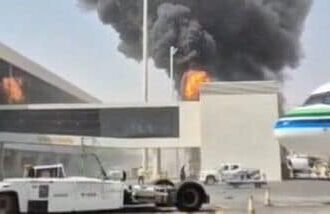 Smoke and flames rise from King Khalid Airport, after Yemen’s Iran-backed Houthis said they attacked the airport, in Riyadh, Saudi Arabia, October 8, 2026, in this screengrab obtained from a social media video. Social Media/via REUTERS .