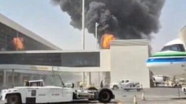 Smoke and flames rise from King Khalid Airport, after Yemen’s Iran-backed Houthis said they attacked the airport, in Riyadh, Saudi Arabia, October 8, 2026, in this screengrab obtained from a social media video. Social Media/via REUTERS .