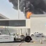 Smoke and flames rise from King Khalid Airport, after Yemen's Iran-backed Houthis said they attacked the airport, in Riyadh, Saudi Arabia, October 8, 2026, in this screengrab obtained from a social media video. Social Media/via REUTERS .