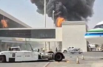 Smoke and flames rise from King Khalid Airport, after Yemen's Iran-backed Houthis said they attacked the airport, in Riyadh, Saudi Arabia, October 8, 2026, in this screengrab obtained from a social media video. Social Media/via REUTERS .