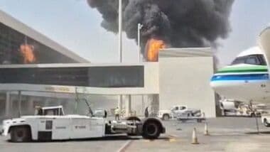 Smoke and flames rise from King Khalid Airport, after Yemen's Iran-backed Houthis said they attacked the airport, in Riyadh, Saudi Arabia, October 8, 2026, in this screengrab obtained from a social media video. Social Media/via REUTERS .