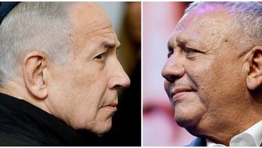 Israeli Prime Minister Benjamin Netanyahu (L), and Israeli opposition leader and former military chief, Gadi Eisenkot, as he launches an election campaign for Yashar, his new political party, at an event near Hod Hasharon, Israel, June 30, 2026.
