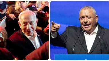 Benjamin Netanyahu, the Israel's longest-serving prime minister; Gadi Eisenkot, leader of Yashar, speaks during his final election campaign rally in Tel Aviv, Israel, on Sunday, Oct. 25.