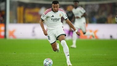 Real Madrid's Kylian Mbappe controls the ball during a Champions League opening phase soccer match between Roma and Real Madrid, in Rome.