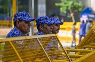 New Delhi, India - Oct. 1, 2026: Roads leading to Jantar Mantar are seen closed amid heavy deployment of security personnel ahead of a protest called for October 2 against the functioning of the Election Commission of India (ECI) in New Delhi, India, on Thursday, October 1, 2026.