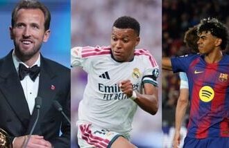 England's Harry Kane (Left) pipped Real Madrid's Frenchman Kylian Mbappe  (Centre) and Barcelona's Spain international Lamine Yamal to win the Ballon d'Or award.