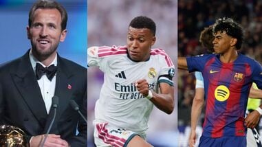 England's Harry Kane (Left) pipped Real Madrid's Frenchman Kylian Mbappe  (Centre) and Barcelona's Spain international Lamine Yamal to win the Ballon d'Or award.