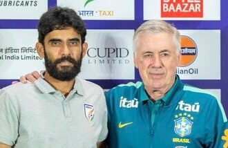 Indian football head coach Khalid Jamil (L) and his Brazilian counterpart Carlo Ancelotti during the pre-match press conference on Friday in Kolkata.