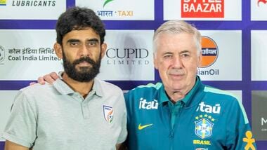 Indian football head coach Khalid Jamil (L) and his Brazilian counterpart Carlo Ancelotti during the pre-match press conference on Friday in Kolkata.