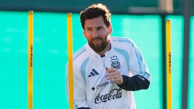 Argentina's Lionel Messi trains for his final game with the national team, an international friendly match against Benin, in Buenos Aires.