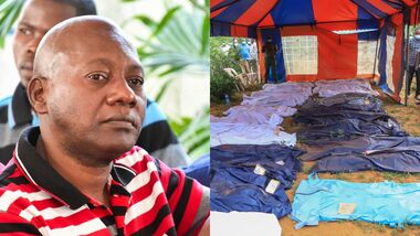 Good News International Church Pastor Paul Mackenzie; Body bags are laid out at the scene where dozens of bodies, believed to be followers of extremist evangelical leader Paul Mackenzie, were found in shallow graves in the village of Shakahola, near the coastal city of Malindi, in southern Kenya, April 24.