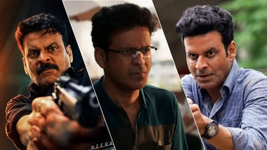 Manoj Bajpayee in stills from Gajab Raat, Despatch, and The Family Man.