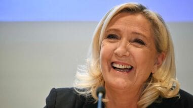 Rar-right party Rassemblement National (RN) candidate in France's 2027 presidential election Marine Le Pen holds a press conference on the sidelines of a meeting of Patriots parliamentary group on the eve of an EU Summit in Brussels on October 14, 2026.