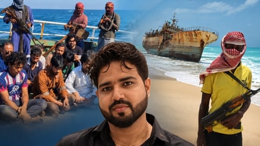 Sailors being held captive aboard the MT Honour 25 after the vessel was hijacked off Somalia (Left); Indian sailor Mohammed Tanweeruz Zaman (Centre). (Image compiled using AI)
