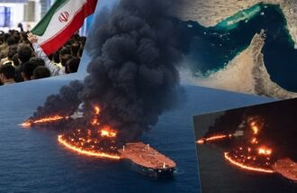 Iran says supertanker carrying 2 million barrels of crude catches fire after hitting naval mine in Strait of Hormuz(Image complied using AI)