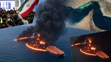 Iran says supertanker carrying 2 million barrels of crude catches fire after hitting naval mine in Strait of Hormuz(Image complied using AI)