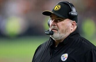 CHead coach Mike McCarthy of the Pittsburgh Steelers looks on against the Cleveland Browns during the first quarter of the game at Huntington Bank Field on October 01, 2026 in Cleveland, Ohio.
