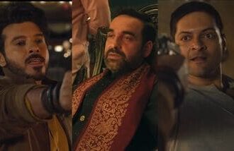 Divyenndu, Pankaj Tripathi, and Ali Fazal in a still from Mirzapur The Movie.