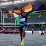 India's Nishad Kumar celebrates winning gold in the men's long jump T47 event at the 2026 Asian Para Games in Nagoya.