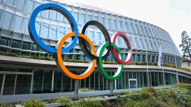 Olympic rings are pictured outside the International Olympic Committee (IOC).