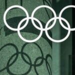 A photo taken on 27 August 2026 shows the Olympic rings at the entrance of the building of the Olympic Centre in Warsaw.