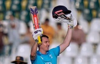 England's Harry Brook celebrates after scoring century during the tri-series one-day international cricket match between Sri Lanka and England.