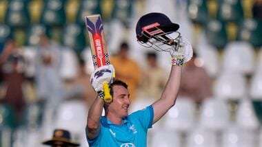 England's Harry Brook celebrates after scoring century during the tri-series one-day international cricket match between Sri Lanka and England.