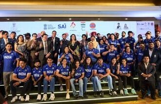Union Sports Minister Mansukh Mandaviya poses for a group photo at the send-off ceremony for the Indian contingent for the Aichi-Nagoya 2026 Asian Para Games.