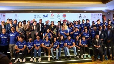 Union Sports Minister Mansukh Mandaviya poses for a group photo at the send-off ceremony for the Indian contingent for the Aichi-Nagoya 2026 Asian Para Games.