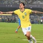 Pedro celebrates after Brazil's second goal during FIFA Friendly against India at the Saltlake Stadium in Kolkata.
