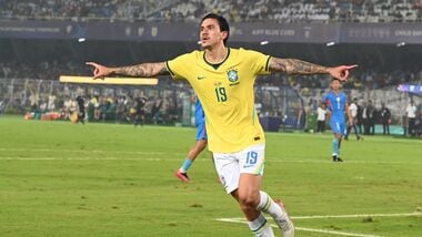 Pedro celebrates after Brazil's second goal during FIFA Friendly against India at the Saltlake Stadium in Kolkata.