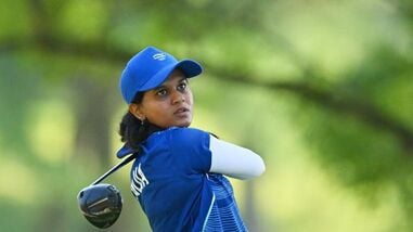 India's Pranavi Urs in action during the women's individual stroke play final in Asian Games 2026.