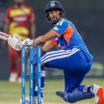 Prince Yadav plays a shot against West Indies in the 3rd T20I in Indore.