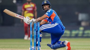 Prince Yadav plays a shot against West Indies in the 3rd T20I in Indore.