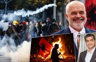 Europe's economic slowdown is fuelling protests in Albania. Right top: Prime Minister Edi Rama. Inset: Dikshu Chandra Kukreja.