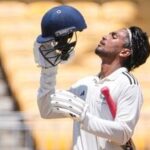 Kumar Kushagra celebrates his century on day 2 of the Duleep Trophy 2026-27 final cricket match between South Zone and East Zone, in Chennai.