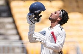 Kumar Kushagra celebrates his century on day 2 of the Duleep Trophy 2026-27 final cricket match between South Zone and East Zone, in Chennai.