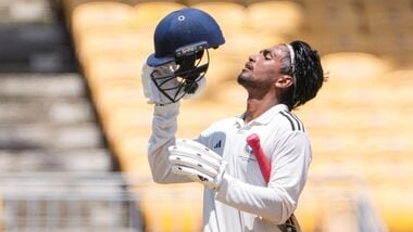 Kumar Kushagra celebrates his century on day 2 of the Duleep Trophy 2026-27 final cricket match between South Zone and East Zone, in Chennai.
