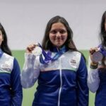 Nagoya: From left, India's Vidarsa Vinod (Left), Sonam Maskar (Centre) and Elavenil Valarivan (Right) pose for photographers after winning silver medals in the 10m Air Rifle Women Team Final event during the 20th Asian Games, in Nagoya. .