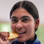 India's Suruchi Singh celebrates after winning Gold medal in the 10 meter air pistol mixed team final at Asian Games 2026 in Nagoya.