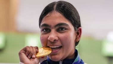 India's Suruchi Singh celebrates after winning Gold medal in the 10 meter air pistol mixed team final at Asian Games 2026 in Nagoya.